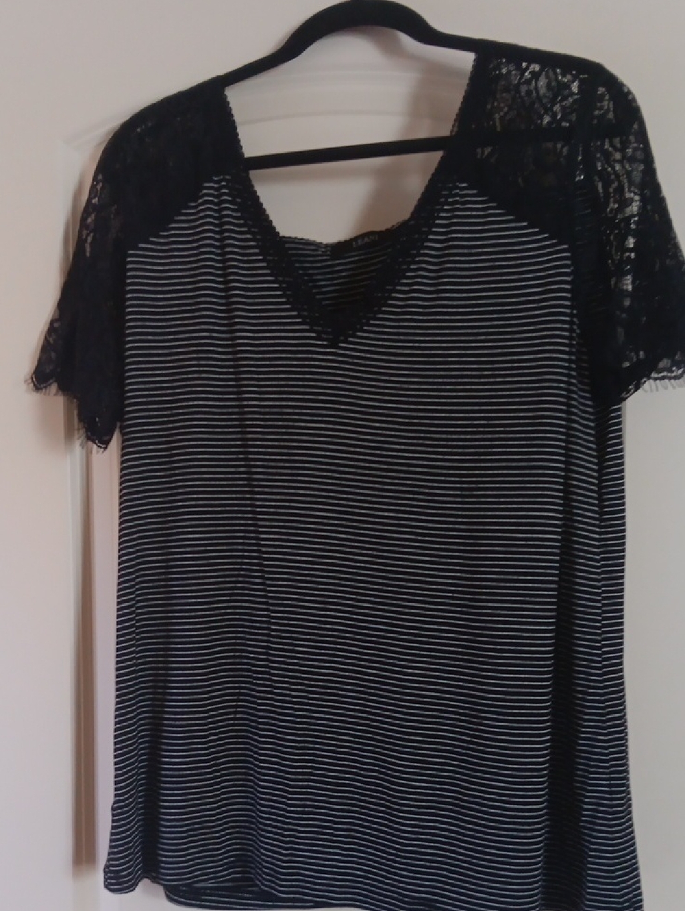 Women's Black & White Striped Short Sleeve Tee with Lace Shoulders